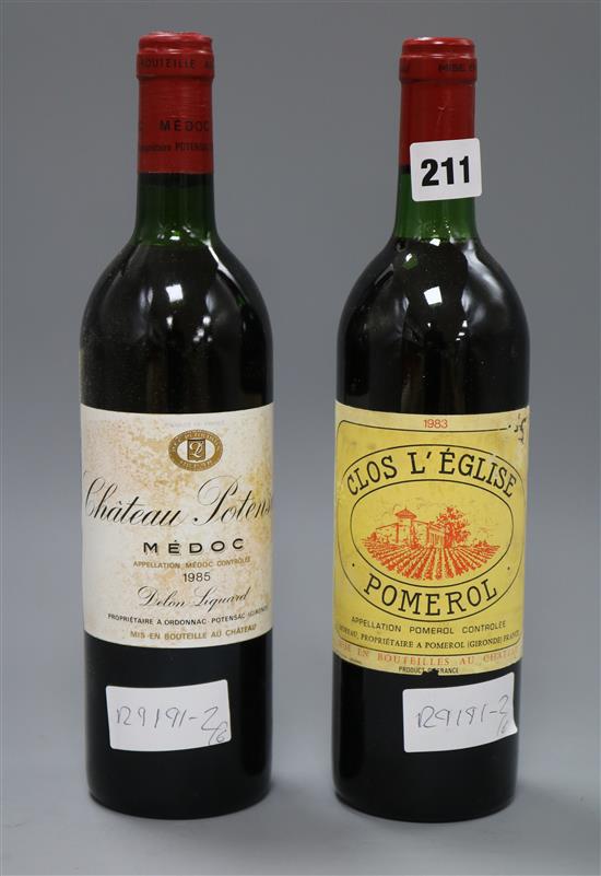 Three bottles of Clos LEglise, Pomerol, 1983 and three bottles of Potensac, 1985